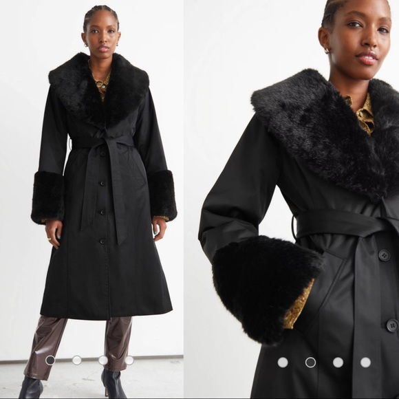 & Other Stories Jackets & Blazers - & OTHER STORIES NWOT Sustainable Long Black Contrast Faux Fur Belted Wrap Coat 6